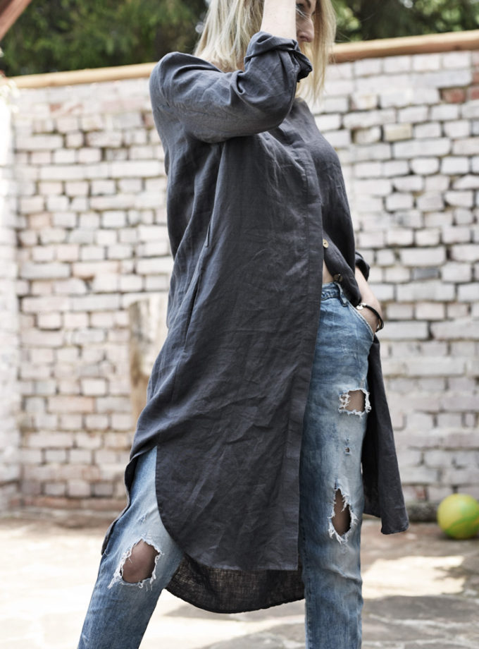 Lniana sukienka na guziki Lino - charcoal grey