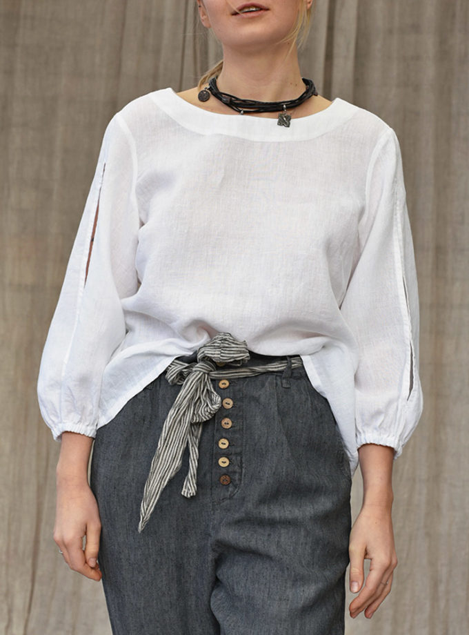 Lniana bluzka Biała ToPola z rozcięciem na rękawach