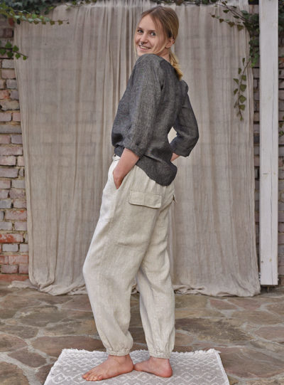 szerokie spodnie dla kobiet z lnu z dużymi kieszeniami z tyłu, nogawki i pas z elastyczną gumka