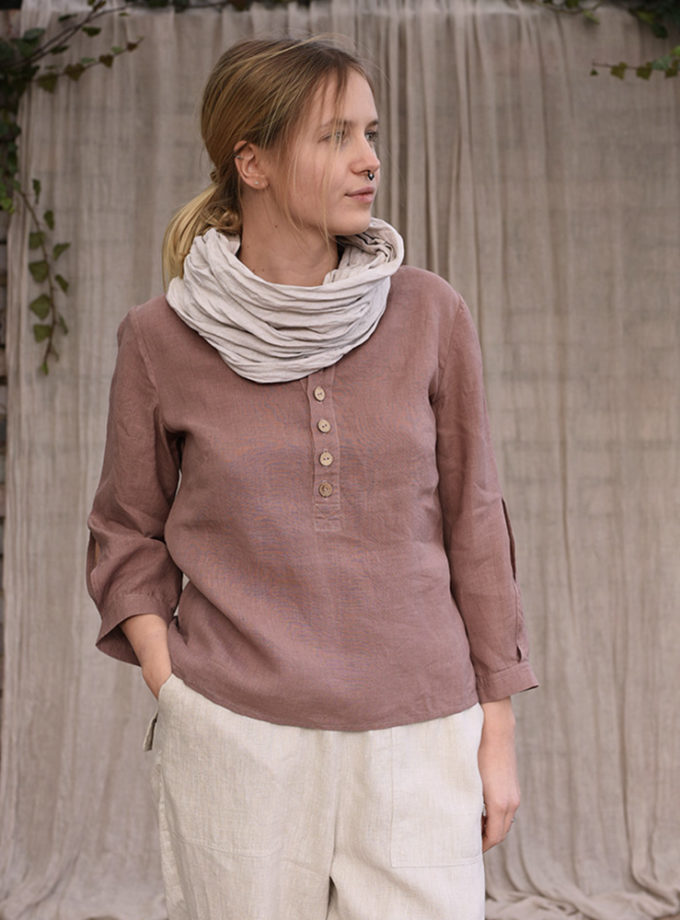Lniana bluzka Wrzos z zapięciem polo