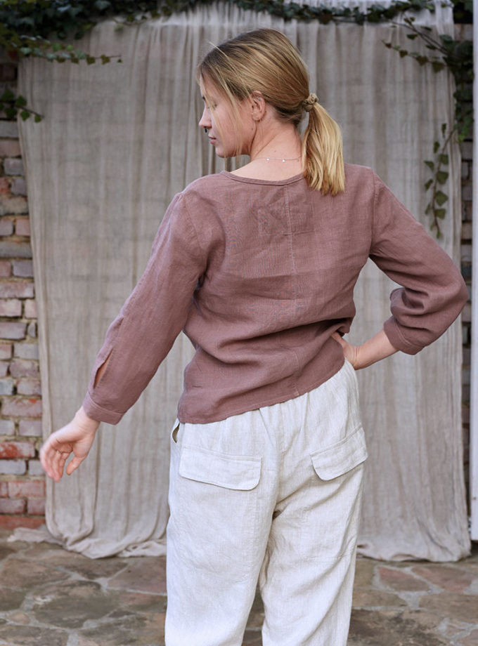 Lniana bluzka Wrzos z zapięciem polo