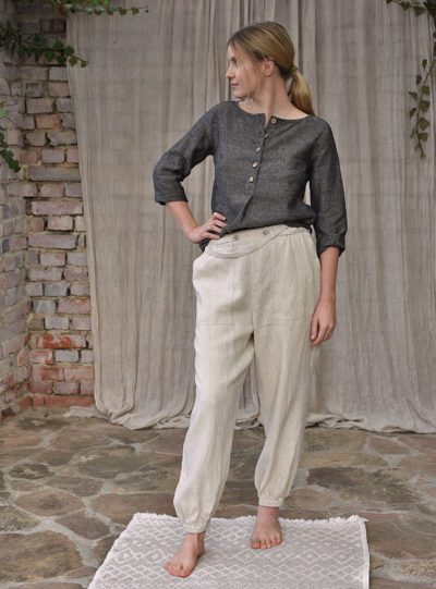 szerokie spodnie dla kobiet z lnu z dużymi kieszeniami z tyłu, nogawki i pas z elastyczną gumka