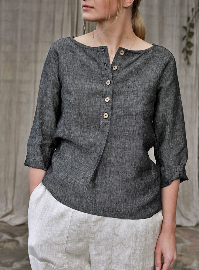 Lniana bluzka Raglan z zapięciem Polo