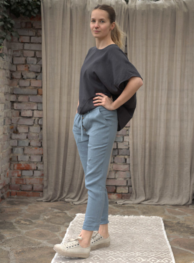 Asymetryczna bluzka z lnu damska oversize grafitowa