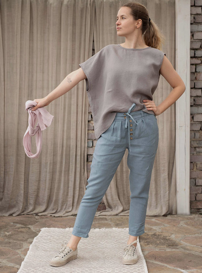 Lniana damska bluzka Geometryczny Twist w szarej odsłonie