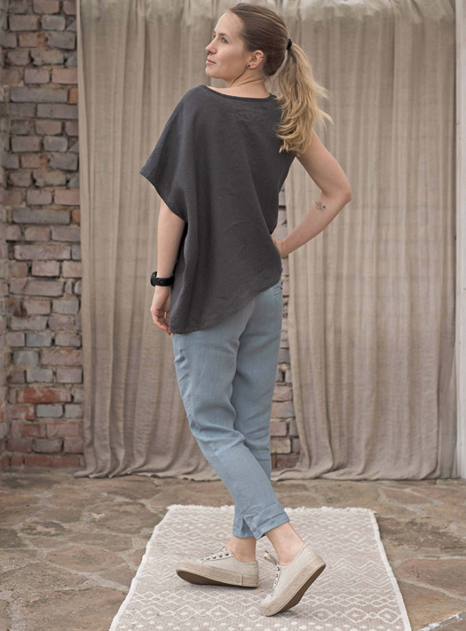 Asymetryczna bluzka z lnu damska oversize grafitowa