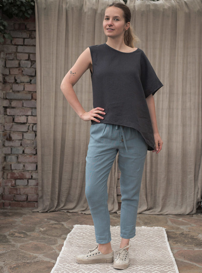 Asymetryczna bluzka z lnu damska oversize grafitowa