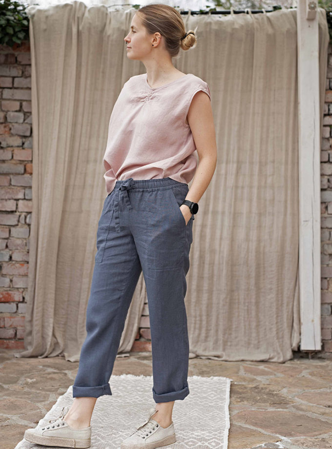 Lniane spodnie z wiązaniem i kieszeniami 'Na Guzik i Wiatr