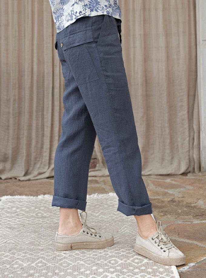 Lniane spodnie z wiązaniem i kieszeniami 'Na Guzik i Wiatr