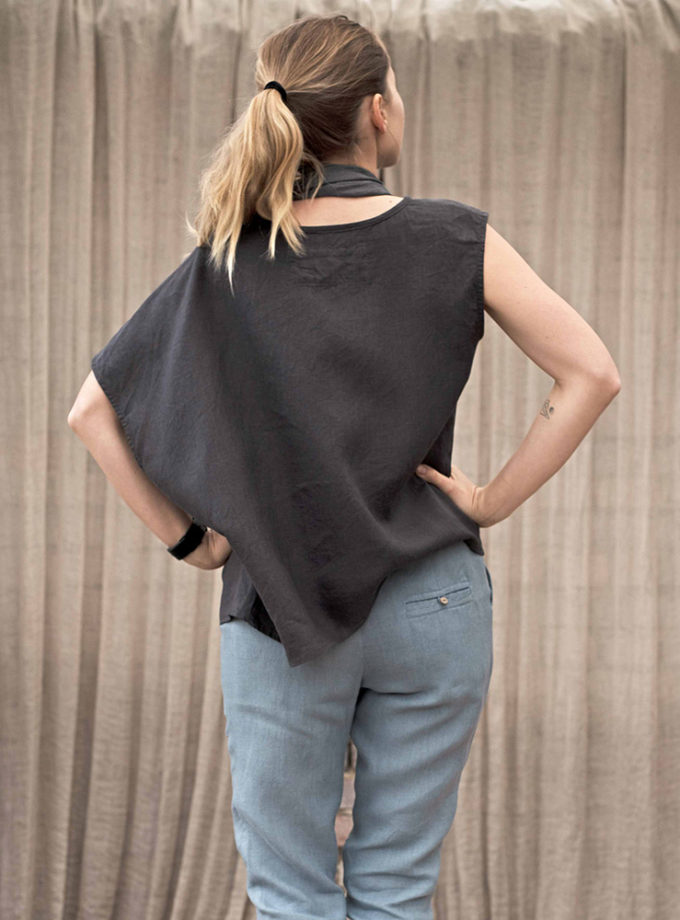 Asymetryczna bluzka z lnu damska oversize grafitowa