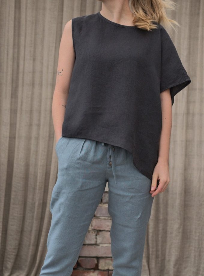 Asymetryczna bluzka z lnu damska oversize grafitowa