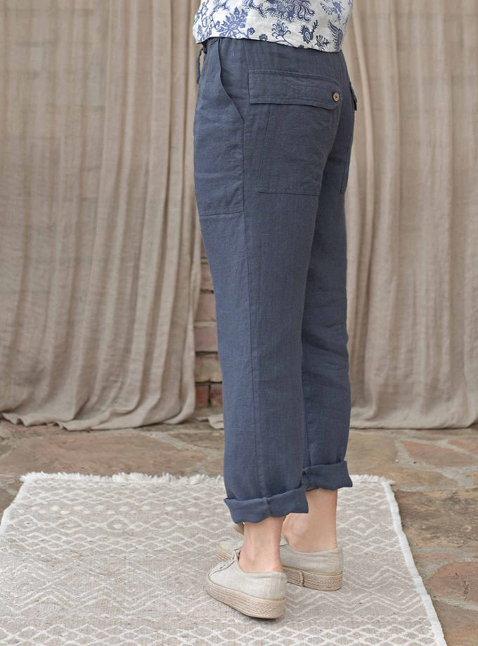 Lniane spodnie z wiązaniem i kieszeniami 'Na Guzik i Wiatr