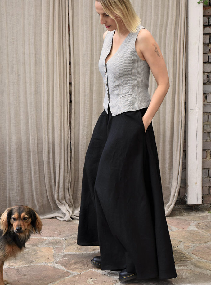 Lniane czarne damskie spodnie palazzo Polna Ćma