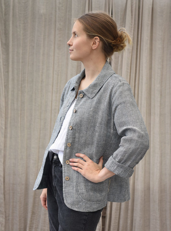 Lniana damska marynarka granatowo-biała - Dzika Jodełka