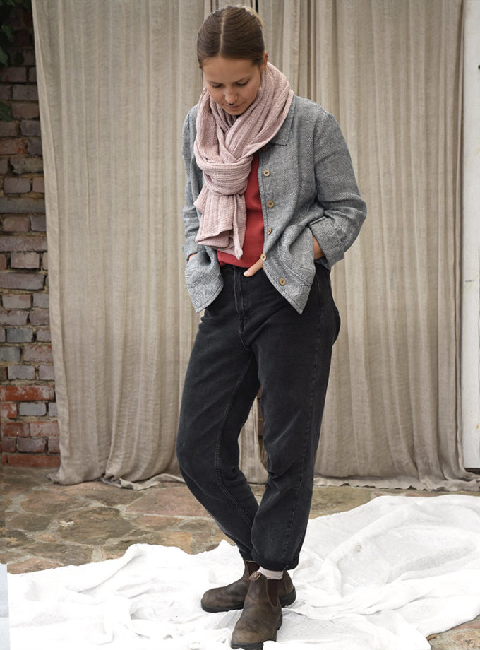 Lniana damska marynarka granatowo-biała - Dzika Jodełka