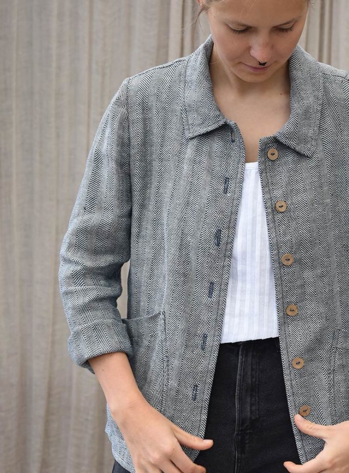 Lniana damska marynarka granatowo-biała - Dzika Jodełka