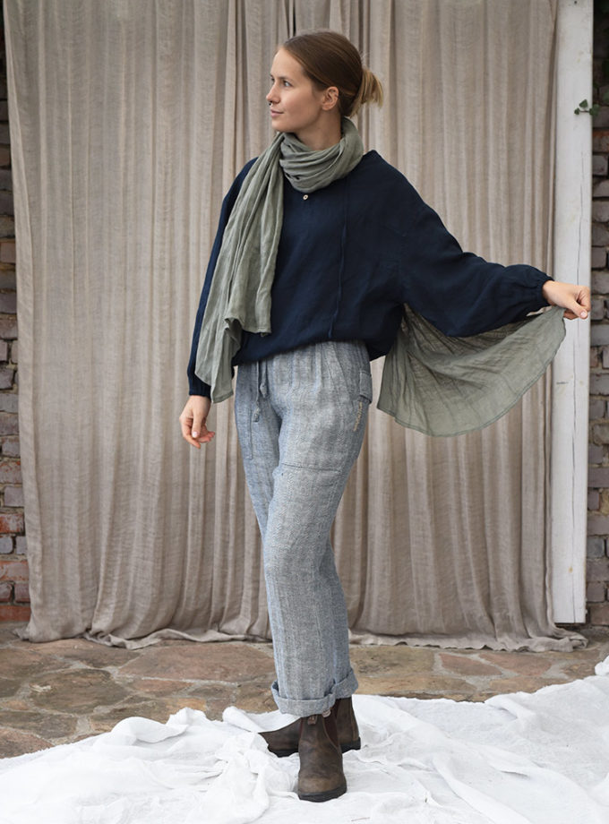 Lniany długi szalik z mgiełki lnianej - Zielona Łąka