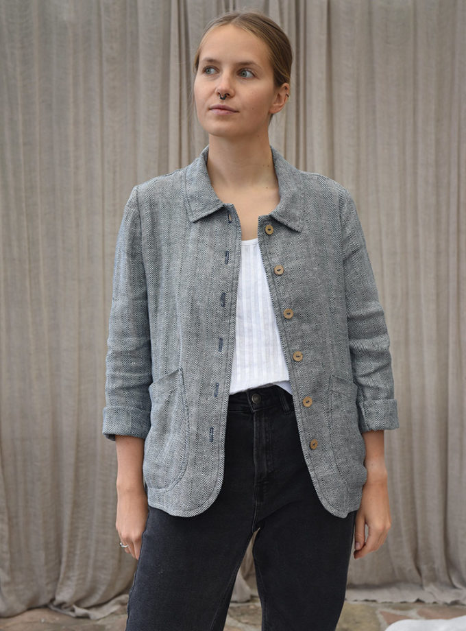 Lniana damska marynarka granatowo-biała - Dzika Jodełka